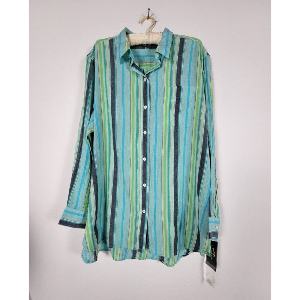 LRL Lauren Jeans Co. Ralph Lauren Button Up Shirt Womens XL Blue Striped New $89